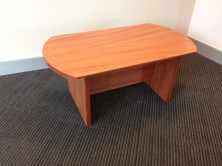 Polished Timber Veneer Bow End Coffee Table. H Base. 900 X 600